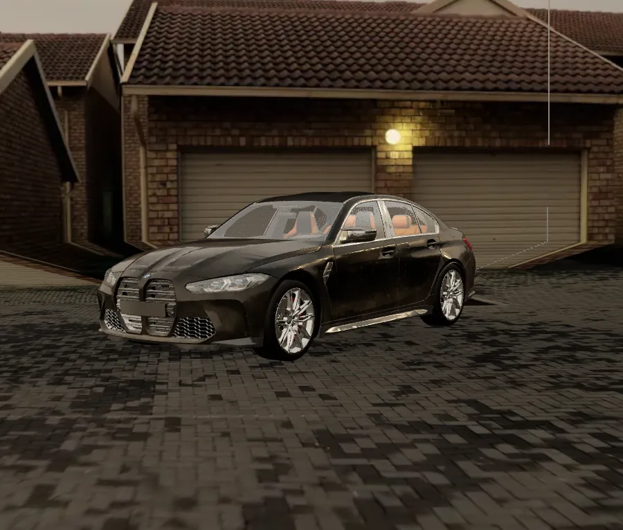 Black BMW M3 parked on an interlock driveway at dusk